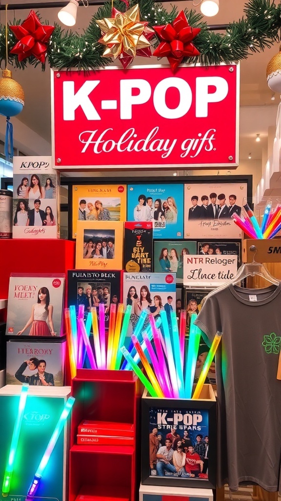 A festive arrangement of K-Pop merchandise including albums, lightsticks, and clothing, set against a backdrop of holiday decorations.